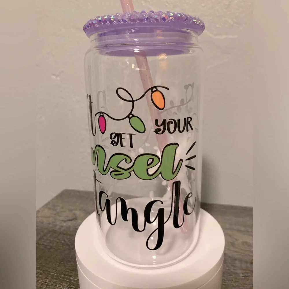 Hand Crafted Christmas Cat Glass Tumbler